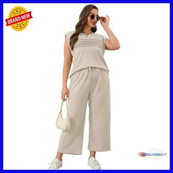 Women's 2-Piece Lounge Set Cap Sleeve Top Wide Leg Pants S-3XL - Picture 4 of 8
